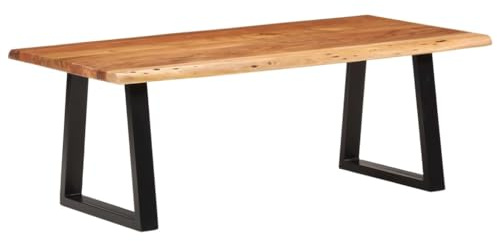 WEMYUFURN Mesa de centro de madera de acacia maciza con borde de árbol y patas de hierro pulverizadas - Mesa de salón robusta con aspecto natural