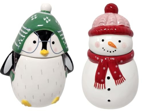 Ceramic Cookie Jar Set with Flavour Sugar Cookies Airtight Storage Decorative Container for Biscuits Snacks Kitchen Countertop Display Gift for Home (Pack of 2(Snowman & Penguin))