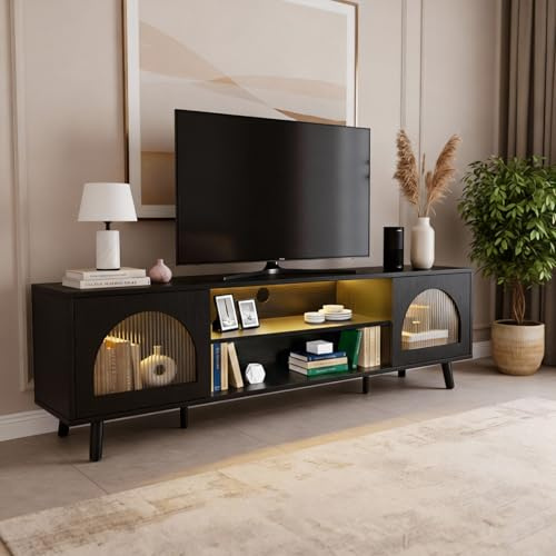 Bonnlo LED TV Unit with 16 Colour Lights - 160cm TV Stand Cabinet for Living Room, Media Console for TVs up to 65 inch (Choose Your Finish) (Black)