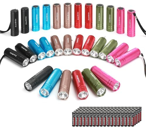EverBrite 30-Pack Mini Flashlight Set, Aluminum LED Handheld Torches with Lanyard, Assorted Colors, 90xAAA Batteries Included for Emergency, Night Reading, Camping, Power Outage, Bulk Holiday Gifts