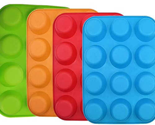 Qtopun Silicone Mini Muffin Pan, 4 Pack 24 Cups Silicone Mold Cups Baking Pan, Silicone Muffin Tins Baking Moulds (12-cup multi-color)