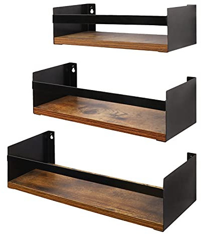 Giftgarden Black Floating Shelves for Wall Set of 3, Industrial Thick Wall Shelves with Iron Rails Brackets for Bathroom Storage Kitchen Spice Rack Bedroom Living Room Plant Nursery Books Laundry