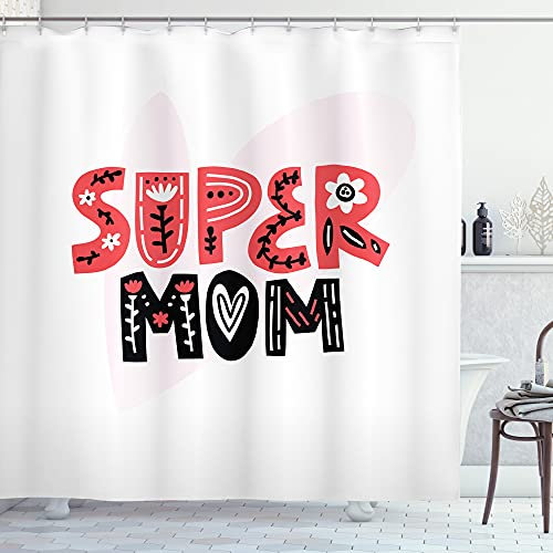 ABAKUHAUS Muttertag Duschvorhang, Super Mom Typography, Stoffliches Gewebe Badezimmerdekorationsset mit Haken, 175 x 180 cm, Koralle und Grau