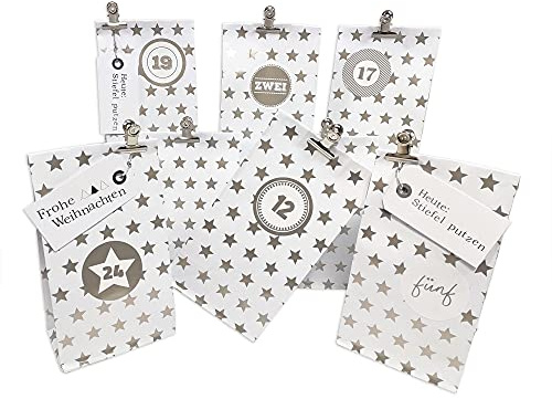 Frau WUNDERVoll® DIY Adventskalender zum Befüllen Weihnachtszeit, Blockbodenbeutel 12(L) x7(B) x24(H) cm weiß, silberne Sterne Ziffern silber/Weihnachten, Papiertüten, Kinder, Aufkleber
