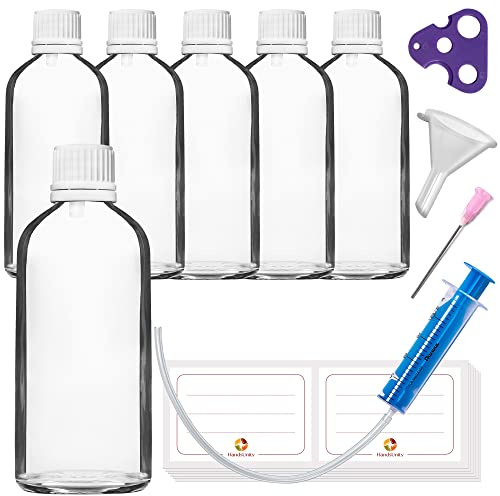 HandsUnity 100ml-6 pièces de Flacon à Insert Compte-Gouttes - Flacon en Verre Transparent de Type Apothicaire avec Bouchon à Insert Compte-Gouttes Blanc en Verre Clair Comprenant 18 Accessoires