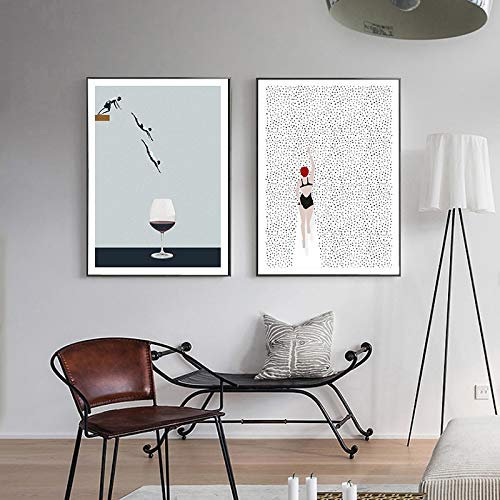 Abstrakte Nordic Kunstwerk Poster Schwimmen Weinglas Leinwand Malerei Wandkunst Bilder für Wohnzimmer Moderne Dekorative 50x70cm (20x28in) x2 Rahmenlos