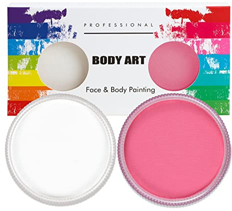 Profi-Schminke Fasching Set, Wasservermalbar 30g x 2 Colors Größere Schminkfarben, Faschingsschminke für Halloween, Fasching oder Verkleidungsparty, Weiß + Rosa