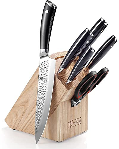 PAUDIN Messerblock mit Messer, Messerset mit Holzblock, 7-tlg Küchenmesser Set aus hochwertigem Carbon Edelstahl, 5 Profi Ultra scharfe Kochmesser, Rot Schere und Holzblock, Ergonomischer Griff
