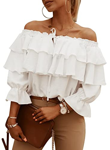 shownicer Chemisiers à Manches Longues à Volants pour Femmes Epaule Dénudée Grande Taille Blouse Haut Sexy Top Epaule Nu Chemisier Col Bandeau Fluide Chic Tops A Blanc L