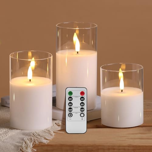 Eywamage Klar Glas LED Kerzen mit Fernbedienung, Flackernde Flammenlose Stumpenkerzen Batteriekerzen 3er-Set Φ 3 H 4 5 6