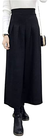 chouyatou Pantalon capri pour femme - Taille haute - Jambes larges - Mélange de laine - Palazzo, noir, Taille L
