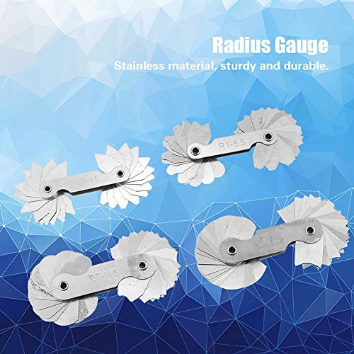 Tbest Radius Gauge Metric 4Pcs Stainless Steel Radius Fillet Gauge Measuring Tool R0.3 1.5 R1 6.5 R7 14.5 R15 25