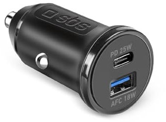 SBS Carica Batteria Auto Mini, Power Delivery 25W, Ricarica Rapida, Caricatore Auto Accendisigari con Adaptive Fast Charge (AFC), Led di Stato, USB-C e USB-A, Presa 12V, Nero