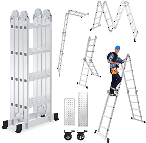 Cecaylie 4x4 Mehrzweckleiter Aluminium, 470 cm Multifunktionsleiter Klappleiter mit 2 Plattform und 2 Räder, Haushaltsleiter Arbeitsleiter 16 Sprossen, Max. Tragfähigkeit 150KG