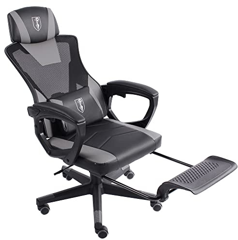 TRISENS Gamingstol i modern racing-design med hopfällbart fotstöd – gamingstol med flexibla armstöd – ergonomisk spelskrivbordsstol med extra stödkudde, färg: svart/grå