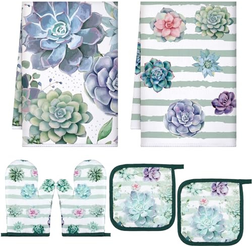 Bencailor 6 Pcs Succulent Kitchen Towels Pot Holders and Oven Mitts Set Soft Cotton Linen Dish Towel Heat Resistant Oven Mitts for Summer Kitchen Decor Cooking Baking Grilling, Green