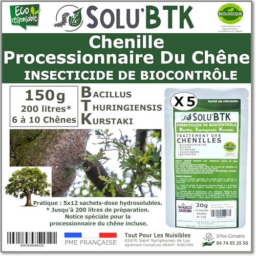 SoluBTK | Chenilles Processionnaires du chêne| 150 g Insecticide Bacillus Thuringiensys | Utilisable en Agriculture Biologique | Pour 6 à 10 Chênes