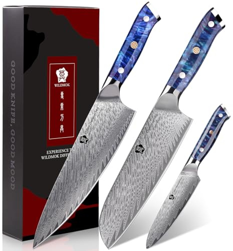 WILDMOK Küchenmesser-Set, 3-teilig, Damaststahl, professionelles Kochmesser-Set mit ultrascharfer Klinge und Harzgriff – Küchenmesser-Set 3-teilig