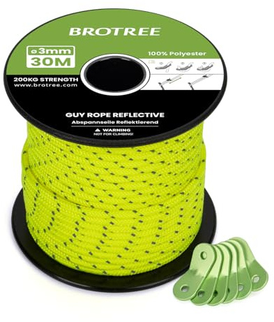 Brotree Tiranti Tenda 3mm 30m Corde Campeggio Riflettente con 6 x Tenditore (Riflettenti Giallo Neon)