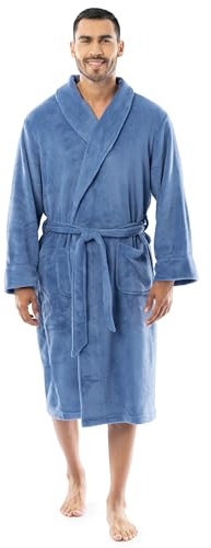 Fruit of the Loom Men's Solid Plush Fleece Robe, Medium Blue, One Size
