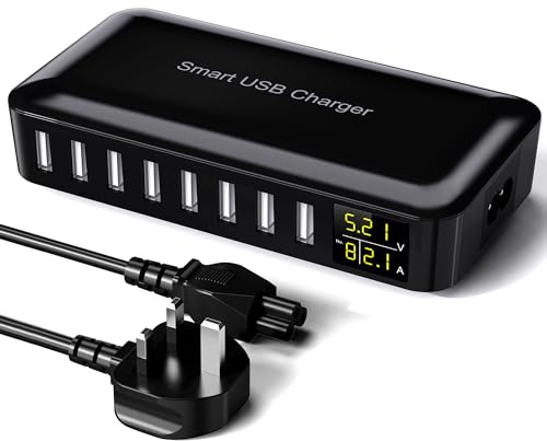 Sanicata 8 in 1 USB Charging Station with 4ft Extension Cord - Multiport Charger with LED Display for iPhone, iPad, Samsung, Tablet - Travel, Home, Office - Black