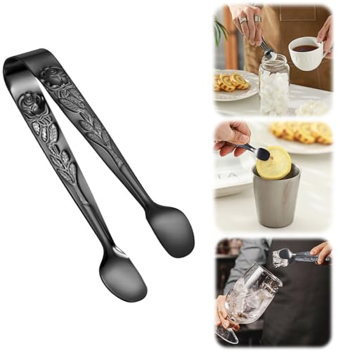 Zuckerzange mit Rosen-Griff, Rosenrelief, Edelstahl, Eiswürfel-Clips, Zuckerzange, kleine Lebensmittel-Clips für Tee- und Kaffee-Party, Vorspeisen, Desserts, Küche, Barzubehör (schwarz)