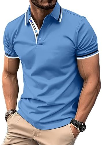 geeksport Men's Polo Shirt Short Sleeve Golf Polo Outdoor Breathable Tops for Mens Sports T-Shirt Work Tee Light Blue XL