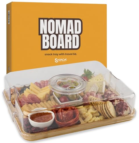 Charcuterie Board with Lid and Handle – Bamboo Travel Snack Tray with 5 Sections and 2 Dip Bowls, 11x14 inches, Covered Portable Cheese Platter for Picnics, Parties, Gifts