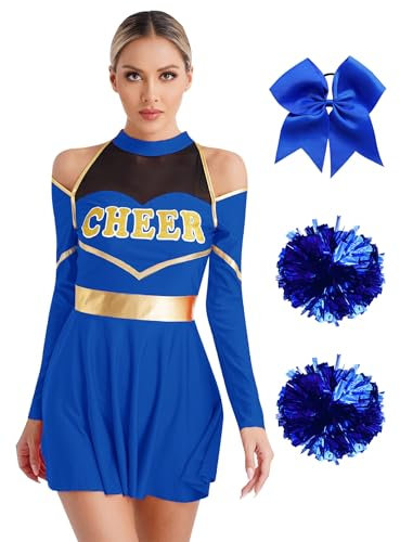 Fldy Damen Kostüm Cheer Leader Kleid Langarm Cheerleading Pompons Haargummi Set Halloween Karneval Kostüm Blau XXL