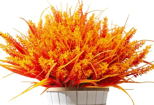 Kinisty 12 Bundles Artificial Autumn Flowers Outdoor Faux Lavender Plants | Orange. Decoration for Indoor, Outside, Garden, Planters & Window Boxes.