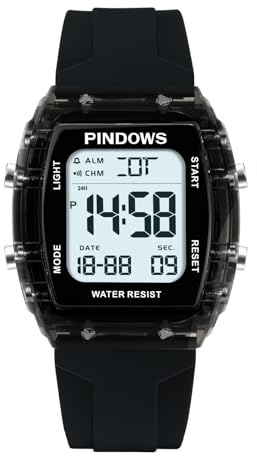 PINDOWS Digitale Sportuhr für Damen, transparentes Gehäuse, helles LED-Licht, 5 ATM wasserdicht, Stoppuhr-Alarm, Dualzeit, stilvolle Uhr für aktive Damen und Teenager