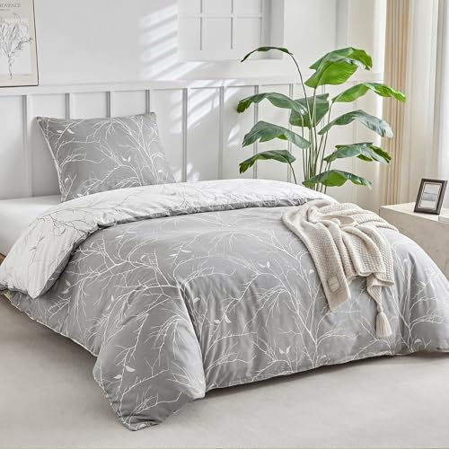 Lekesky Bettwäsche 155x220 2teilig + 1 Kissen 80x80, Grau Weiß Zweig | 1 Bettbezug 155x220, 1 Kissenbezüge 80x80 mit Reißverschluss, Bedding mit Reißverschluss, Mikrofaser Maschinenwaschbar