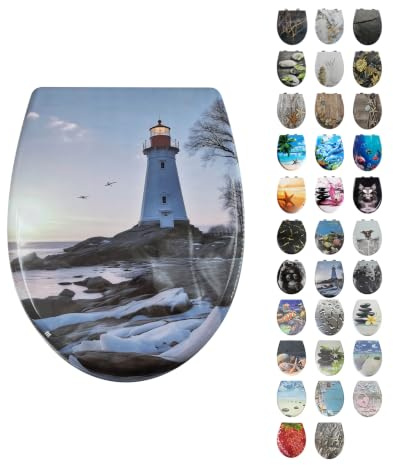 Toilettendeckel mit Absenkautomatik, WC Sitz mit Absenkautomatik Oval Form klodeckel Einfache Reinigung, Abnehmbarer WC-Sitz, 150kg belastbar, einfache Montage – Motiv : Blauer Himmel Leuchtturm