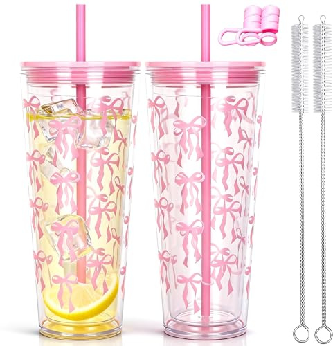 CuppaLifes 710ml Reusable Tumbler with Straw and Lid, 2 Pack Insulated Cup for Iced Coffee, Hot/Cold Drink, Plastic Travel Mug for Office, Travel, Camping, Beach, Outdoor (2, Pink)