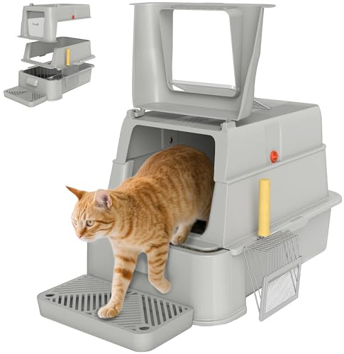 PawHut Lettiera per Gatti Chiusa XXL in Acciaio Inox, 3 in 1 Toilette per Gatti 80L con Coperchio Ribaltabile 180°, Pedale e Paletta, Antiaderente, Antiodore, Facile da Pulire, Grigio Chiaro