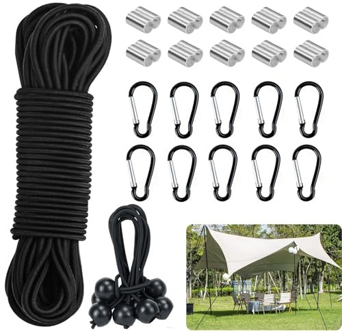 Slwnrc Corda Elastica 4mm x 20m Nero Corda di Gomma per Teloni Allenare Barca con 10 Manicotti in Alluminio, 10 Moschettoni, 10 Corde Elastiche con Sfere