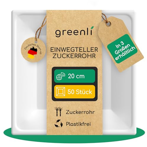 greenli® Einwegteller aus Zuckerrohr – 20 x 20 cm, 50 Stück – Plastikfrei – In 3 Größen erhältlich (16 x 16, 20 x 20, 26 x 26 cm) – Die stabile Alternative zu Papptellern
