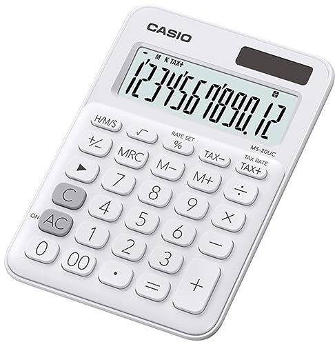 CASIO Bordsräknare MS-20UC-WE, 12-siffrig i trendiga färger, kontrollberäkning, tidsomvandling, sol-/batteridrift, 2,3 x 10,5 x 14,95 cm
