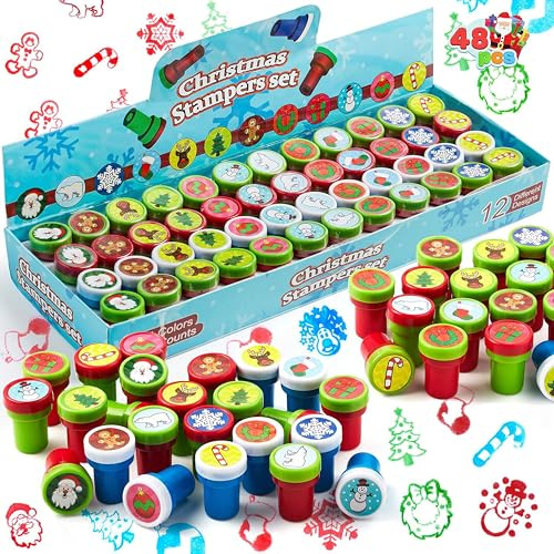JOYIN 48-teiliges Weihnachtsstempel-Set für Kinder (12 Verschiedene Motive, Kunststoffstempel) ideal als Gastgeschenk, für den Nikolausstiefel, Bastelarbeiten, Schulpreise und andere Aufmerksamkeiten