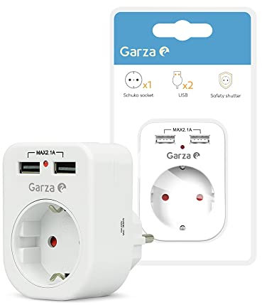 Garza Power - Adaptador de 1 toma Schuko + 2 Conexiones USB, protección Infantil, color Blanco