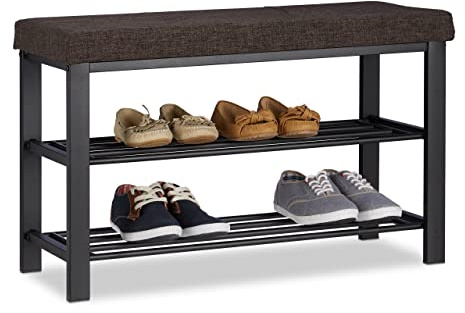 Relaxdays 10023307_93 Panca scarpiera Imbottita in Tessuto, Comoda, 2 Ripiani per Scarpe, Metallo, HxLxP: 50x81x32 cm, Marrone