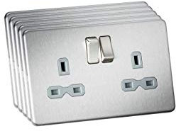 Screwless 13A 2G DP switched socket - Brushed chrome with grey insert