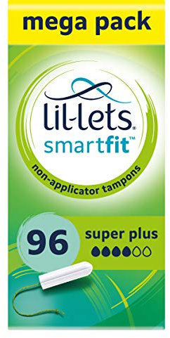 Lil-Lets Non-Applicator Super Plus Tampons X 96, (6 Packs of 16 Tampons), For Heavy Flow, 4 Droplets, Plant-Based, SmartFit Non-App Tampon
