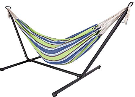Utomhus dubbel hängmatta med ram 285 x 120 x 110 cm – grön blå – stavhängmatta för 2 personer – kan belastas upp till 150 kg