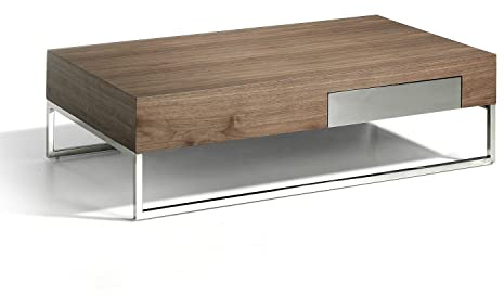 Ángel Cerdá - Mesa de Centro Rectangular de Nogal con Cajón y Patas Cromadas - Mesita de Centro Moderna y Funcional - Original y Versátil - Materiales Resistentes - 120 x 70 x 33 cm