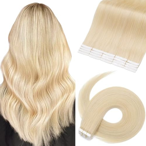 TESS Tape Extensions Echthaar #613 Blond 50 cm Klebeband Haarverlängerung 20er Pack Glatt Remy Tape in Hair Extensions für Haarverdichtung (20 Tressen #613(Hellblond))