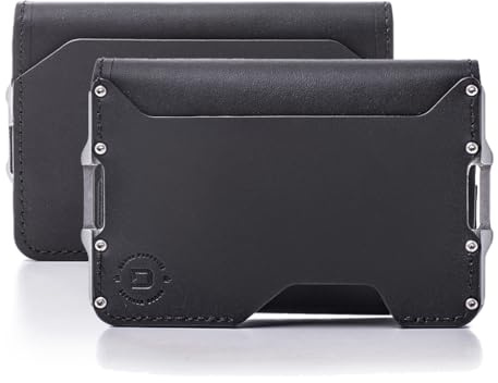 Dango D03 Dapper Bifold EDC Wallet - Made in USA - Echtes Leder, schlank, minimalistisch, Metall, RFID-Blockierung, Tiefschwarz/Satinsilber, Herren Slim Wallet