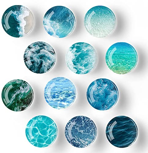 Bamsod 12 PCS Glass Strong Refrigerator Magnets, Ocean Pattern Series Whiteboard Magnets for Office Cabinets Round Fridge Stickers Home Kitchen Decor