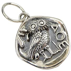 Acxico 1Pcs Sterling Silver Ancient Owl Coin Organic Round Small Charm Pendant Unique