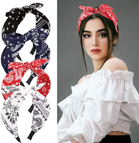 BETESSIN 4Stk. Haarreifen Breit Stirnband Paisley Damen Schleife Haarband Rockabilly Kopfband Vintage Haarschmuck Kopfbedeckung für Mädchen Frauen Rot Schwarz Weiß Dunkelblau